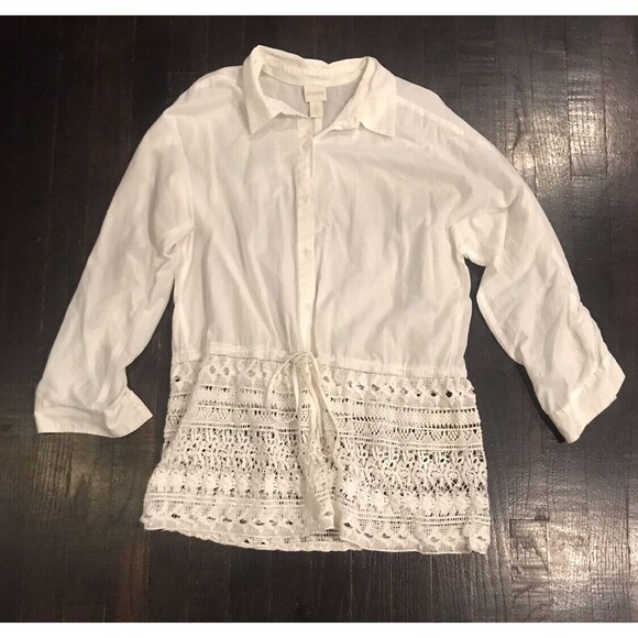 Chicos Top Women Large 2 White Linen Tunic Coverup Blouse Crochet Lace Button Up - Picture 1 of 4